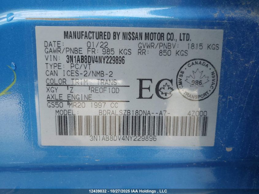 2022 Nissan Sentra Sr VIN: 3N1AB8DV4NY229896 Lot: 12439832