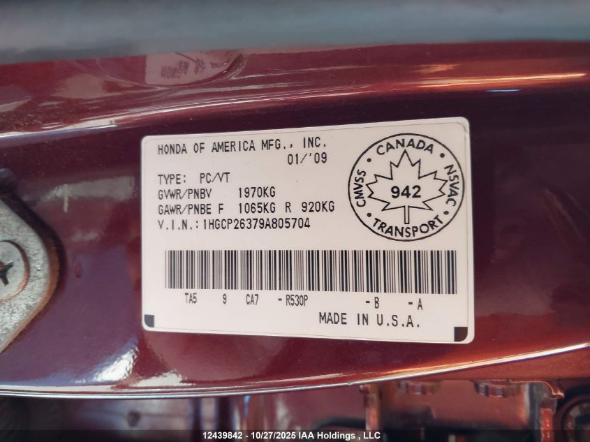 2009 Honda Accord Lx VIN: 1HGCP26379A805704 Lot: 12439842
