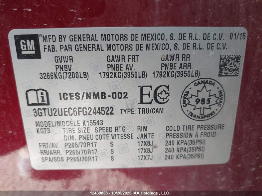 2015 GMC Sierra K1500 Sle VIN: 3GTU2UEC6FG244522 Lot: 12439858