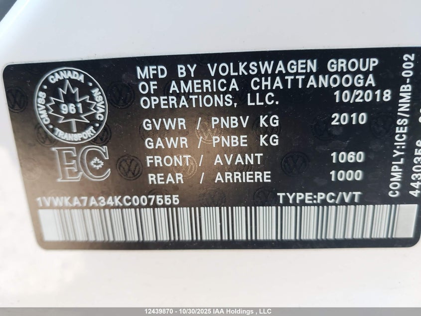 2019 Volkswagen Passat Wolfsburg Edition VIN: 1VWKA7A34KC007555 Lot: 12439870
