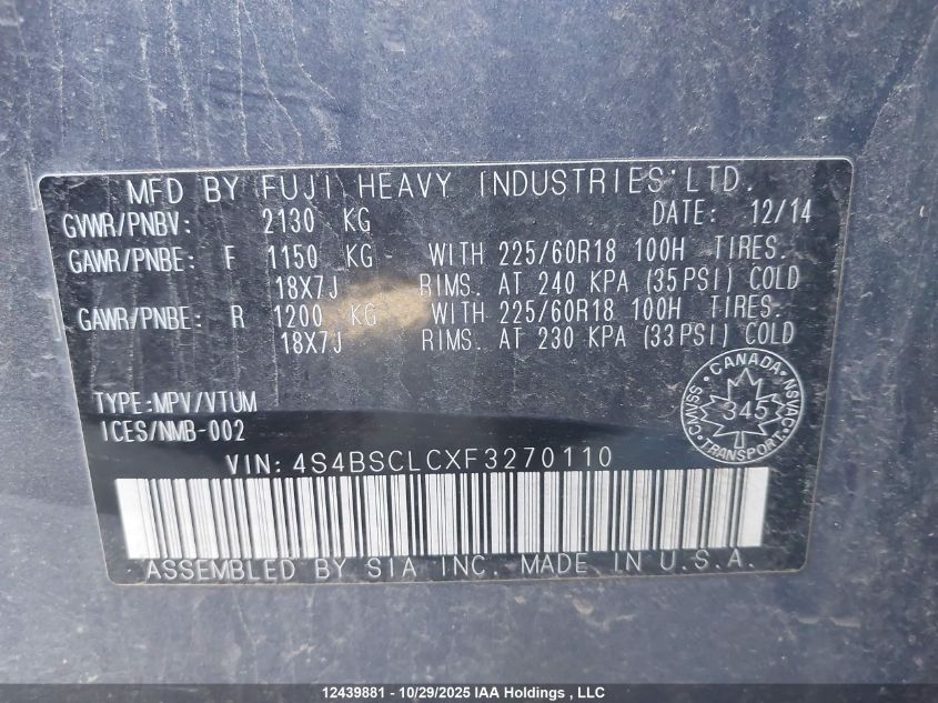 2015 Subaru Outback 2.5I Limited Package VIN: 4S4BSCLCXF3270110 Lot: 12439881