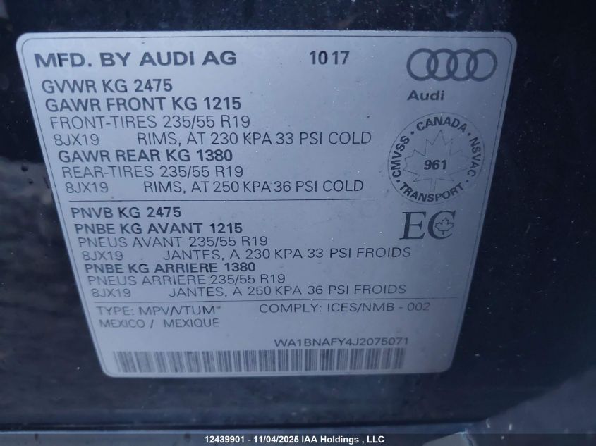 2018 Audi Q5 2.0T Progressiv VIN: WA1BNAFY4J2075071 Lot: 12439901