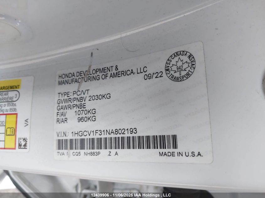 2022 Honda Accord Sport 1.5T VIN: 1HGCV1F31NA802193 Lot: 12439906