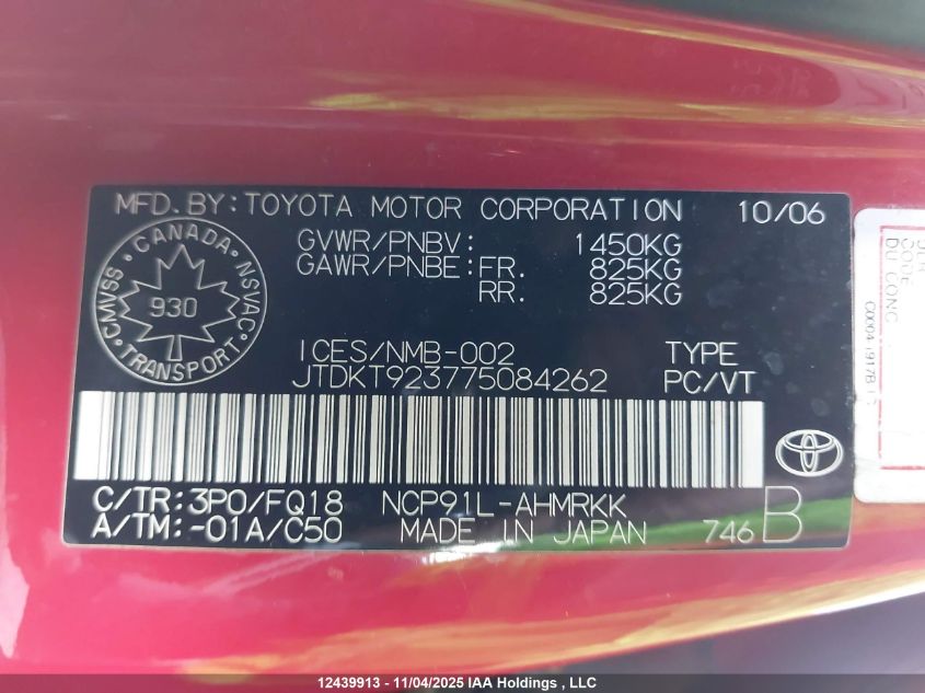 2007 Toyota Yaris VIN: JTDKT923775084262 Lot: 12439913