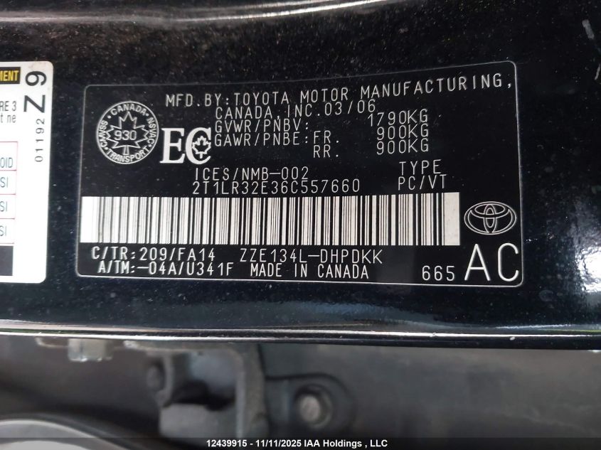 2006 Toyota Matrix Xr VIN: 2T1LR32E36C557660 Lot: 12439915