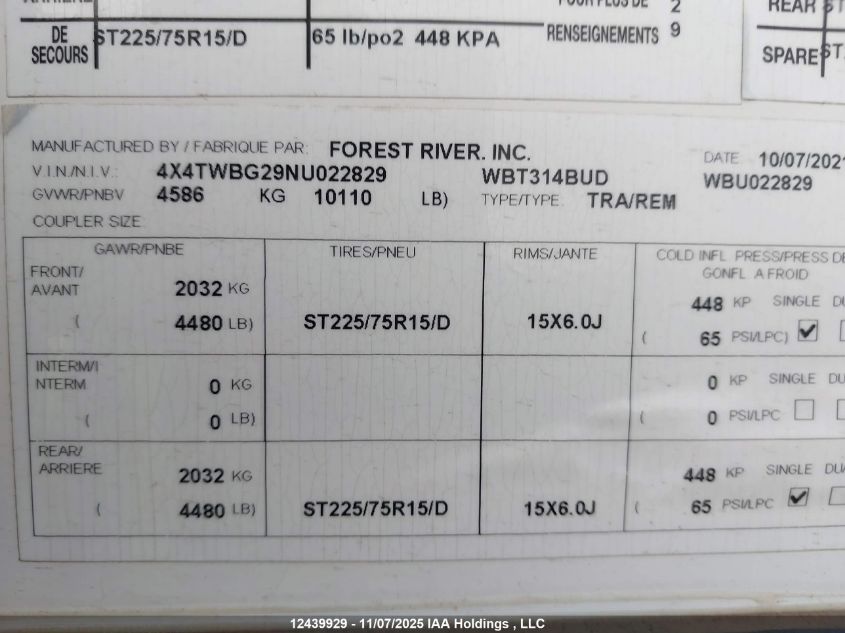 2022 Forest River VIN: 4X4TWBG29NU022829 Lot: 12439929