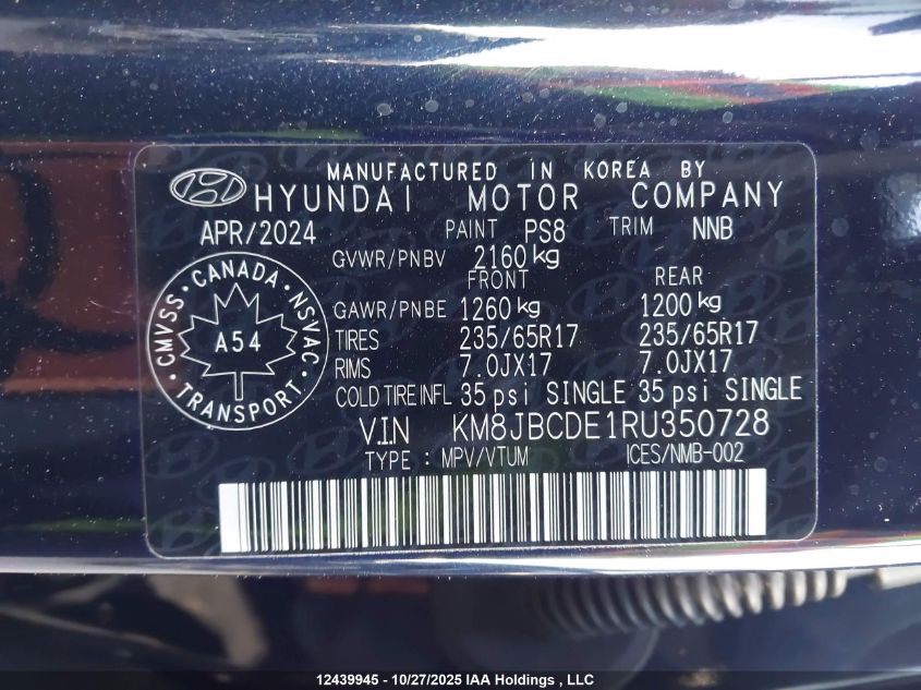 2024 Hyundai Tucson Sel VIN: KM8JBCDE1RU350728 Lot: 12439945