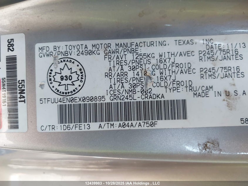 5TFUU4EN0EX090895 2014 TOYOTA TACOMA photo no. 9