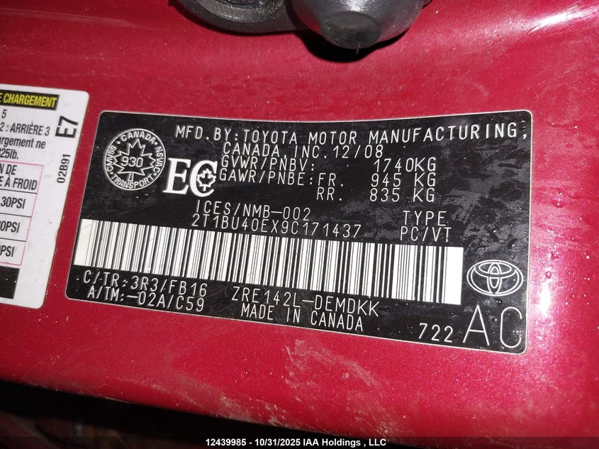 2T1BU40EX9C171437 2009 TOYOTA COROLLA photo no. 9