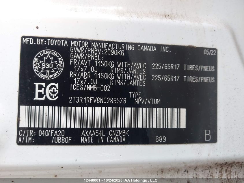 2022 Toyota Rav4 Xle VIN: 2T3R1RFV8NC289578 Lot: 12440001