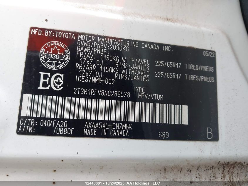 2022 Toyota Rav4 Xle VIN: 2T3R1RFV8NC289578 Lot: 12440001