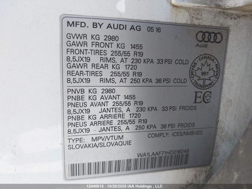 2017 Audi Q7 3.0T Progressiv VIN: WA1LAAF71HD018249 Lot: 12440015