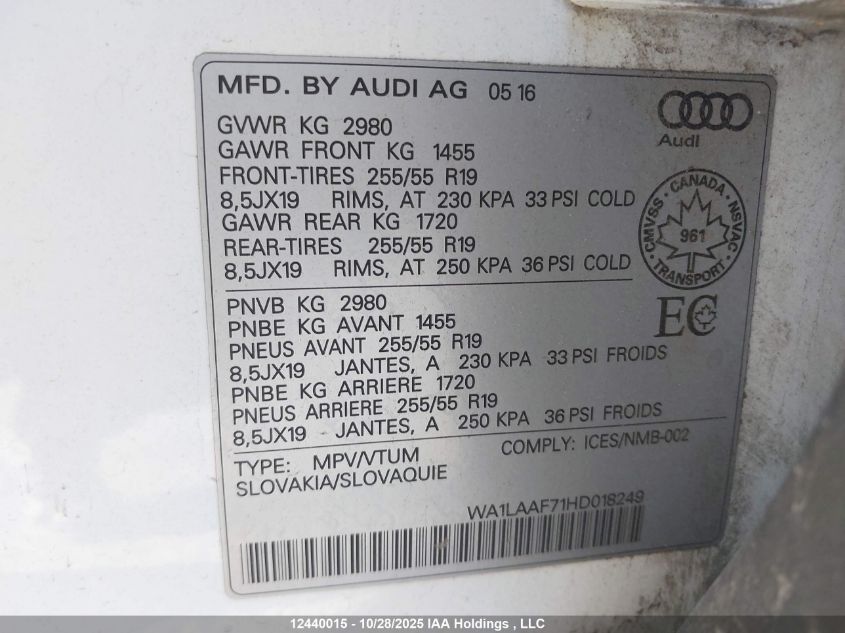 2017 Audi Q7 3.0T Progressiv VIN: WA1LAAF71HD018249 Lot: 12440015