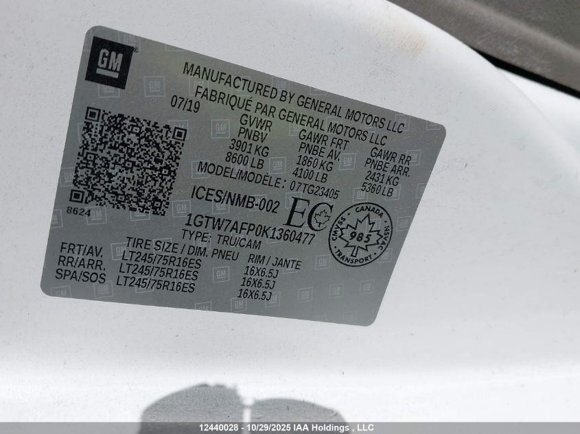 2019 GMC Savana G2500 VIN: 1GTW7AFP0K1360477 Lot: 12440028