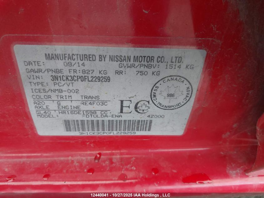 2015 Nissan Micra VIN: 3N1CK3CP0FL229259 Lot: 12440041