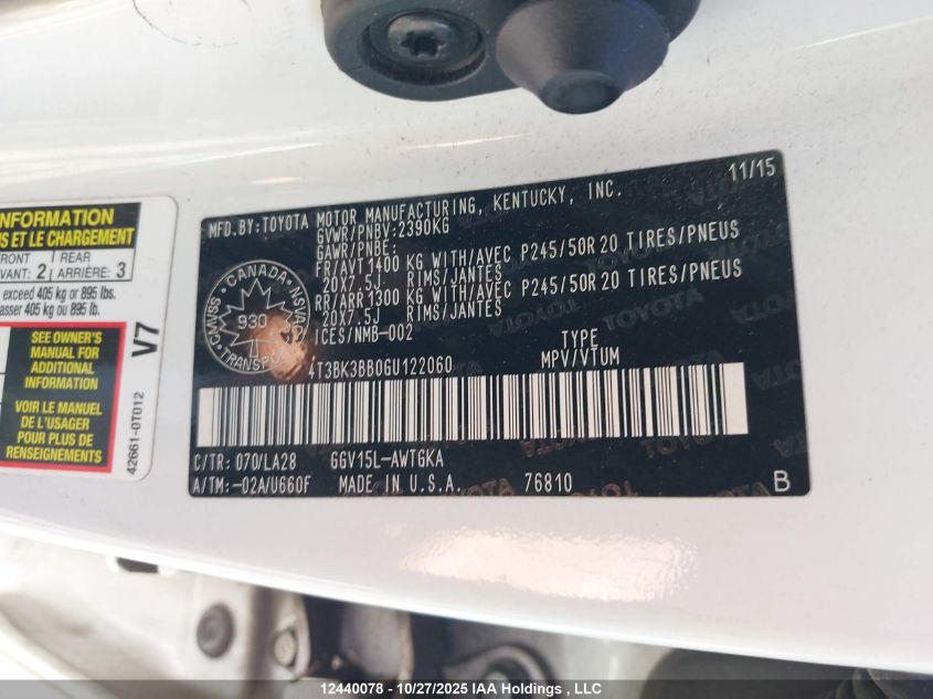 2016 Toyota Venza Xle VIN: 4T3BK3BB0GU122060 Lot: 12440078