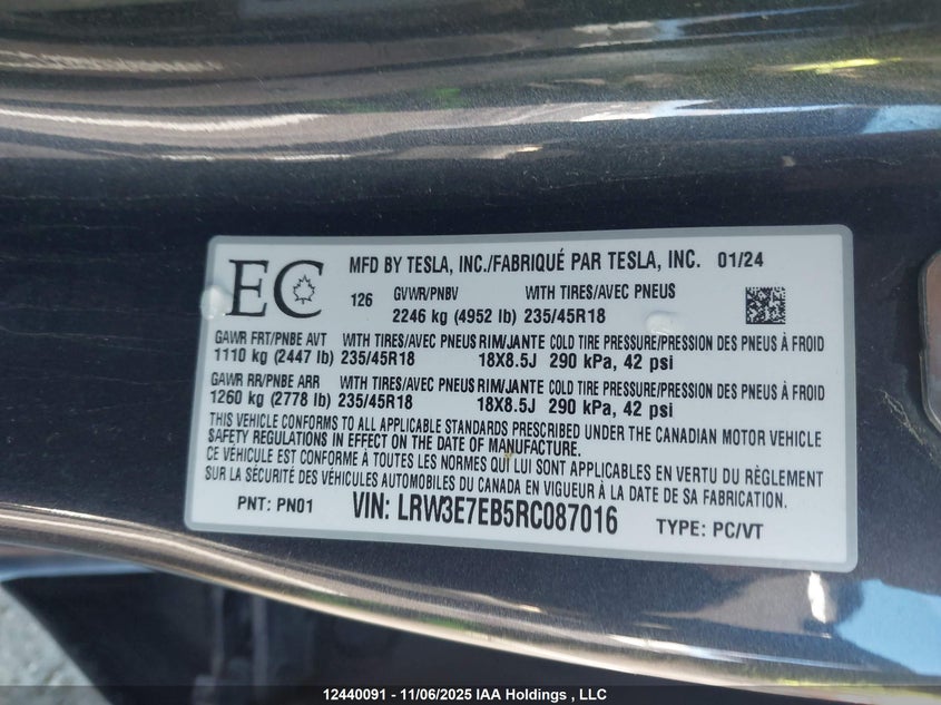 LRW3E7EB5RC087016 2024 TESLA MODEL 3 photo no. 9