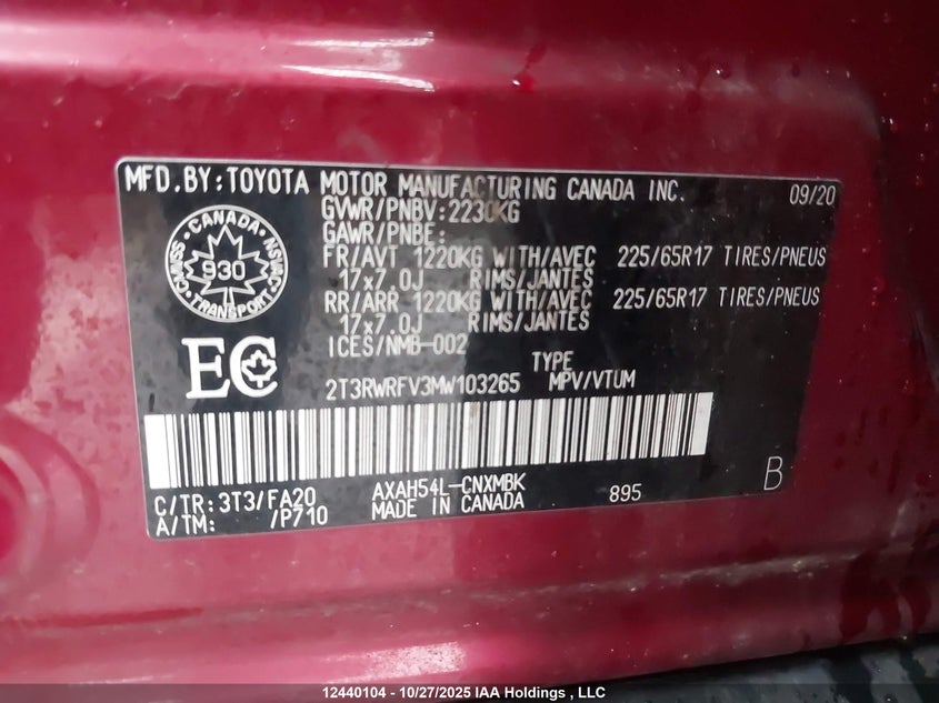2T3RWRFV3MW103265 2021 TOYOTA RAV 4 photo no. 9