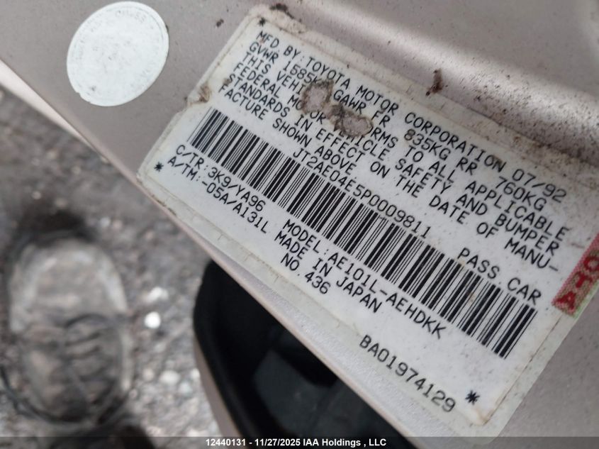 JT2AE04E5P0009811 1993 TOYOTA COROLLA photo no. 9