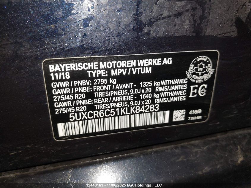 2019 BMW X5 xDrive40I VIN: 5UXCR6C51KLK84283 Lot: 12440161