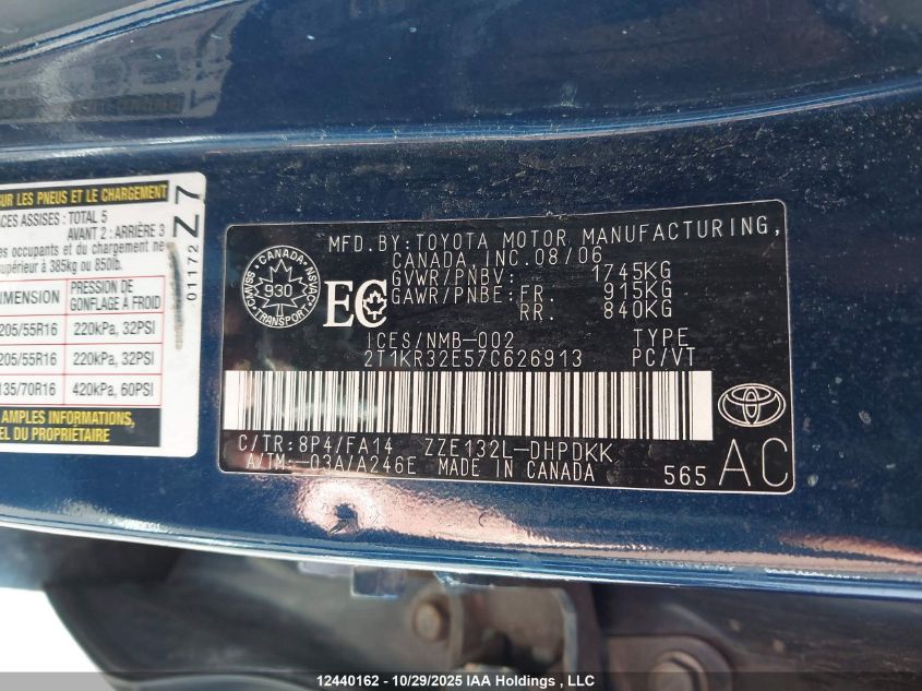 2007 Toyota Matrix Xr VIN: 2T1KR32E57C626913 Lot: 12440162