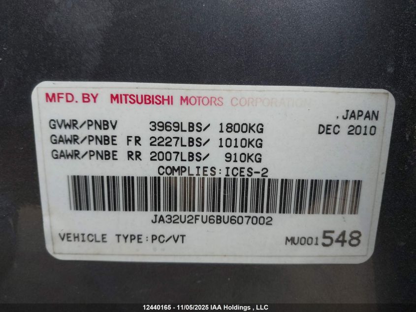 2011 Mitsubishi Lancer Es/Es Sport VIN: JA32U2FU6BU607002 Lot: 12440165