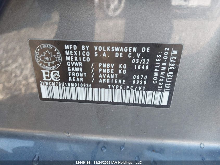 2022 Volkswagen Jetta Trendline VIN: 3VWCM7BU1NM010936 Lot: 12440199