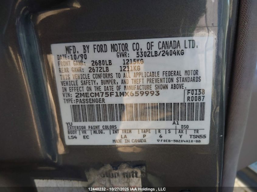 1991 Mercury Grand Marquis Ls VIN: 2MECM75F1MX659993 Lot: 12440232