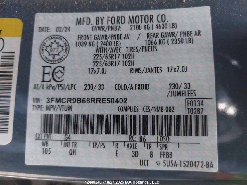 2024 Ford Bronco Sport Big Bend VIN: 3FMCR9B68RRE50402 Lot: 12440246