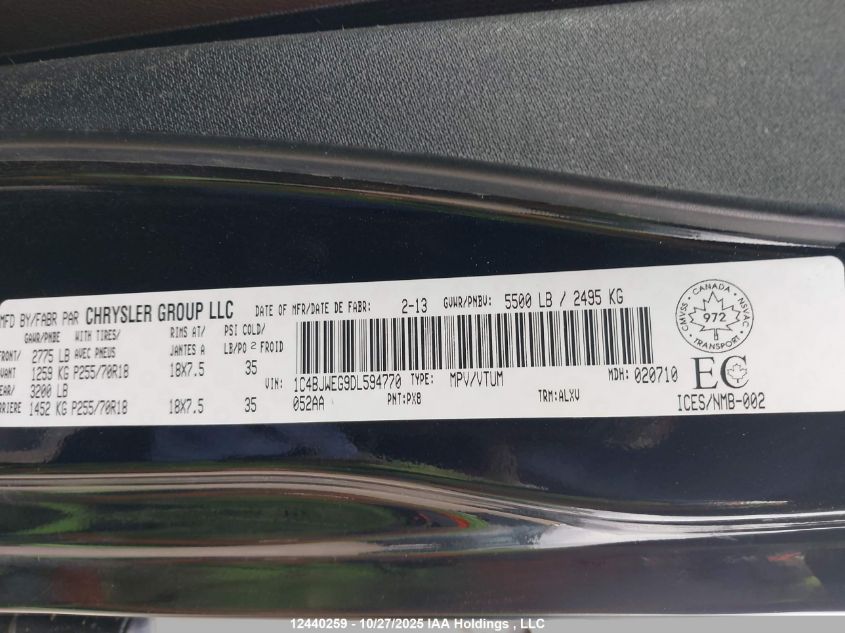 2013 Jeep Wrangler Unlimited Sahara VIN: 1C4BJWEG9DL594770 Lot: 12440259