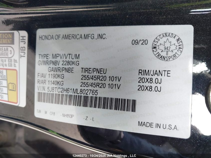 2021 Acura Rdx A-Spec VIN: 5J8TC2H61ML802765 Lot: 12440273