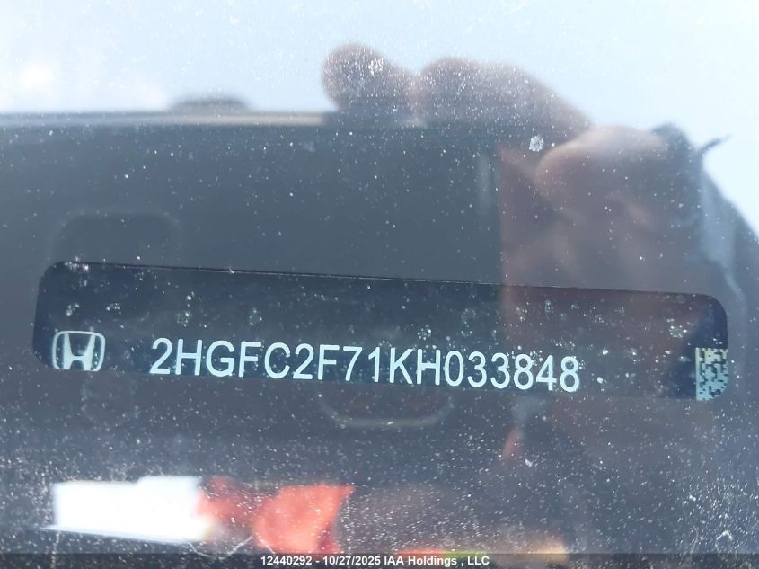 2019 Honda Civic Ex 4Dr VIN: 2HGFC2F71KH033848 Lot: 12440292