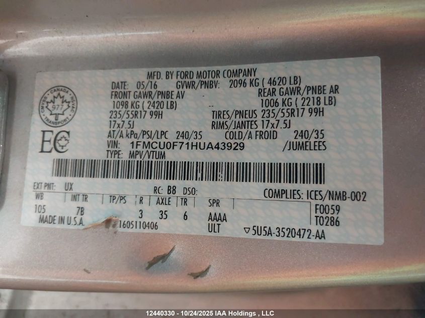 2017 Ford Escape S VIN: 1FMCU0F71HUA43929 Lot: 12440330