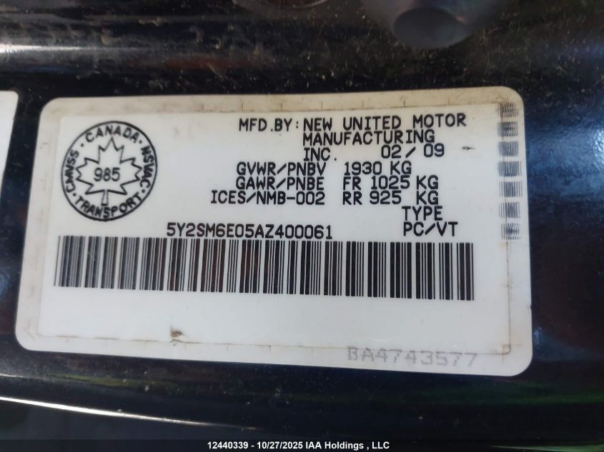 2010 Pontiac Vibe VIN: 5Y2SM6E05AZ400061 Lot: 12440339