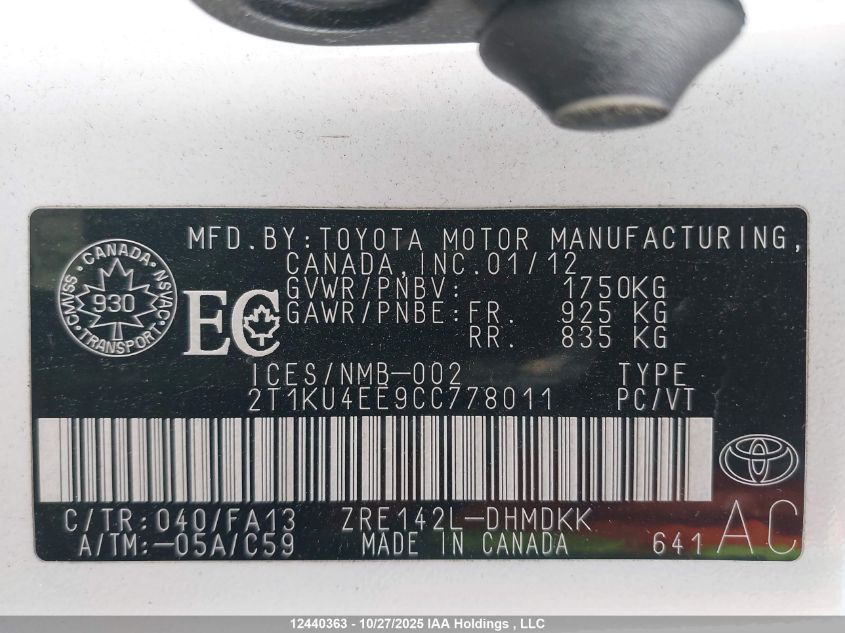 2012 Toyota Matrix VIN: 2T1KU4EE9CC778011 Lot: 12440363