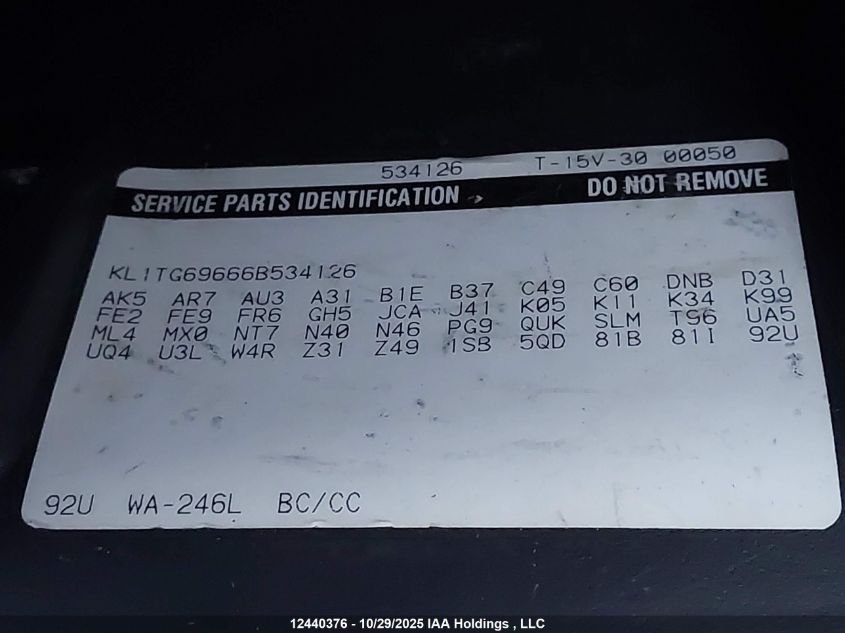 2006 Chevrolet Aveo Lt VIN: KL1TG69666B534126 Lot: 12440376