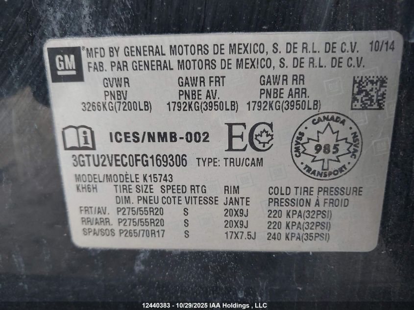 2015 GMC Sierra K1500 Slt VIN: 3GTU2VEC0FG169306 Lot: 12440383
