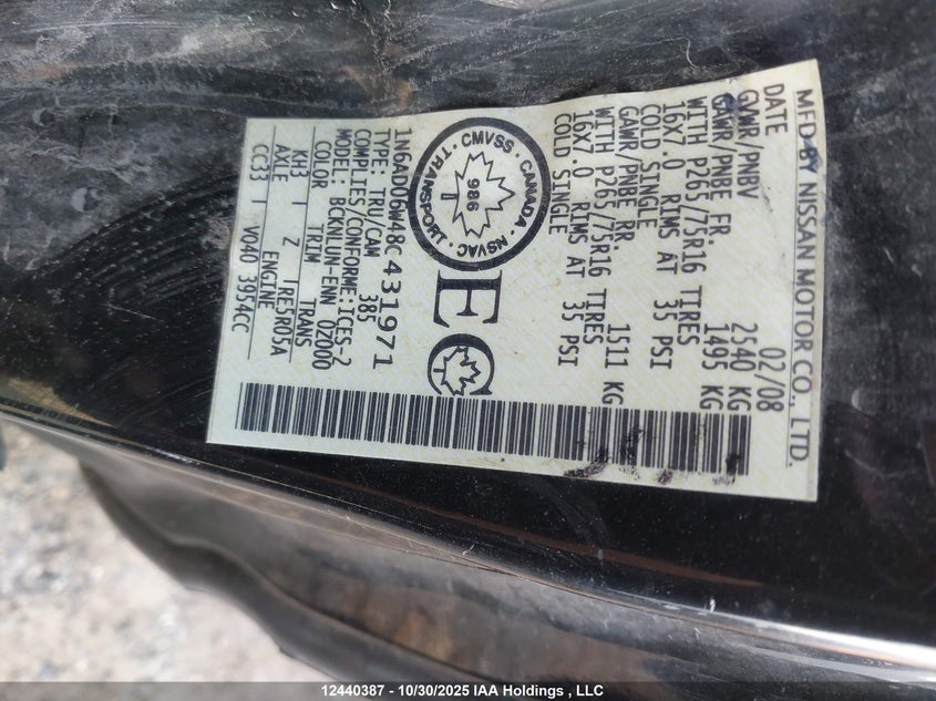 1N6AD06W48C431971 2008 NISSAN NAVARA (FRONTIER) photo no. 9