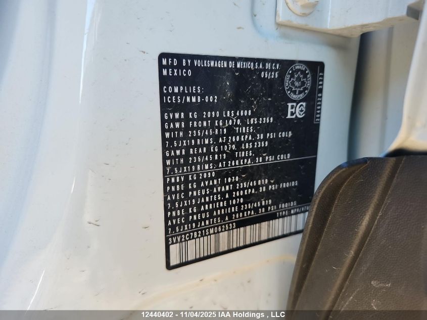 2025 Volkswagen Taos Se Black VIN: 3VV2C7B21SM062533 Lot: 12440402