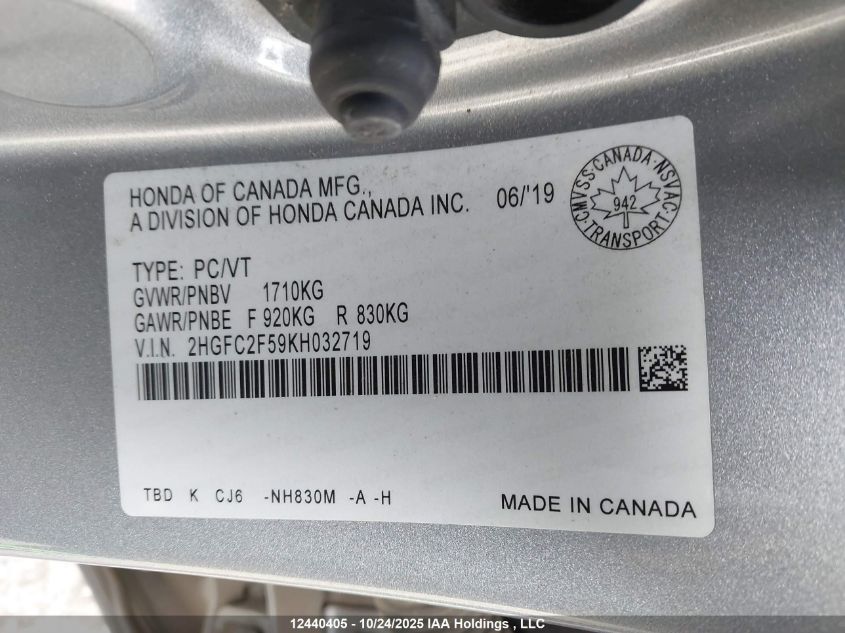 2019 Honda Civic Lx VIN: 2HGFC2F59KH032719 Lot: 12440405