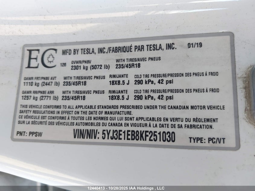 5YJ3E1EB8KF251030 2019 TESLA MODEL 3 photo no. 9