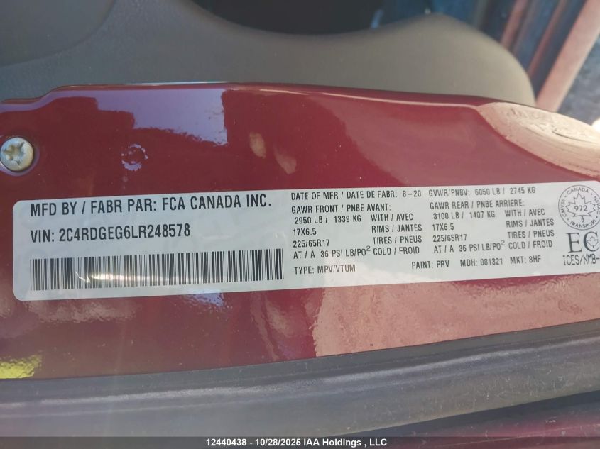 2020 Dodge Grand Caravan Gt VIN: 2C4RDGEG6LR248578 Lot: 12440438