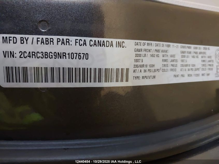 2022 Chrysler Pacifica Touring L VIN: 2C4RC3BG9NR107670 Lot: 12440454