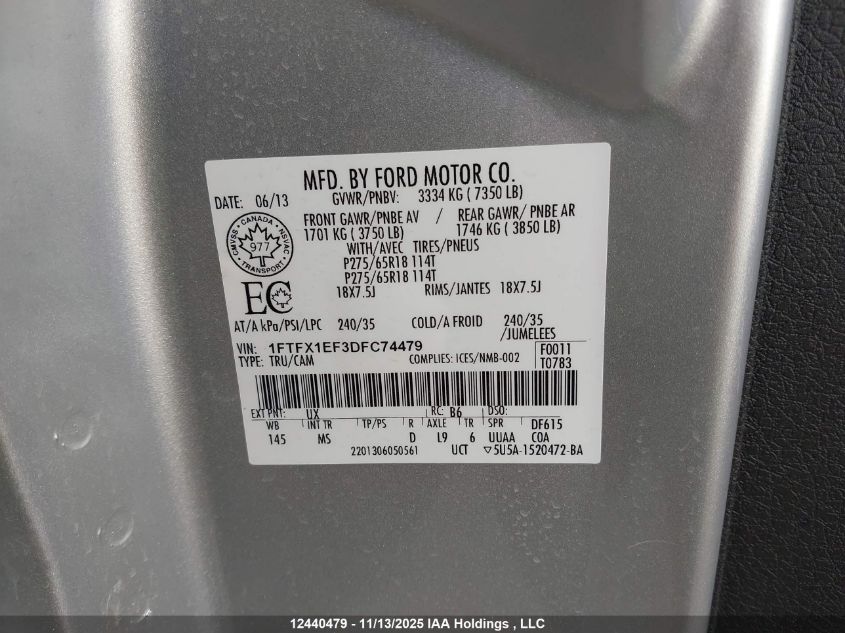 2013 Ford F150 Super Cab VIN: 1FTFX1EF3DFC74479 Lot: 12440479
