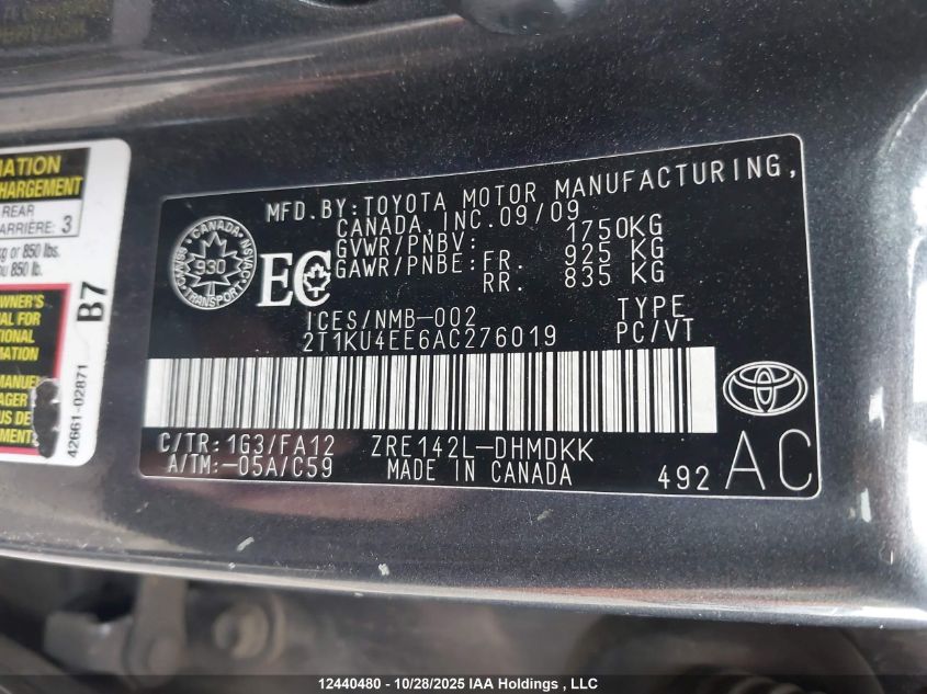 2010 Toyota Corolla Matrix VIN: 2T1KU4EE6AC276019 Lot: 12440480