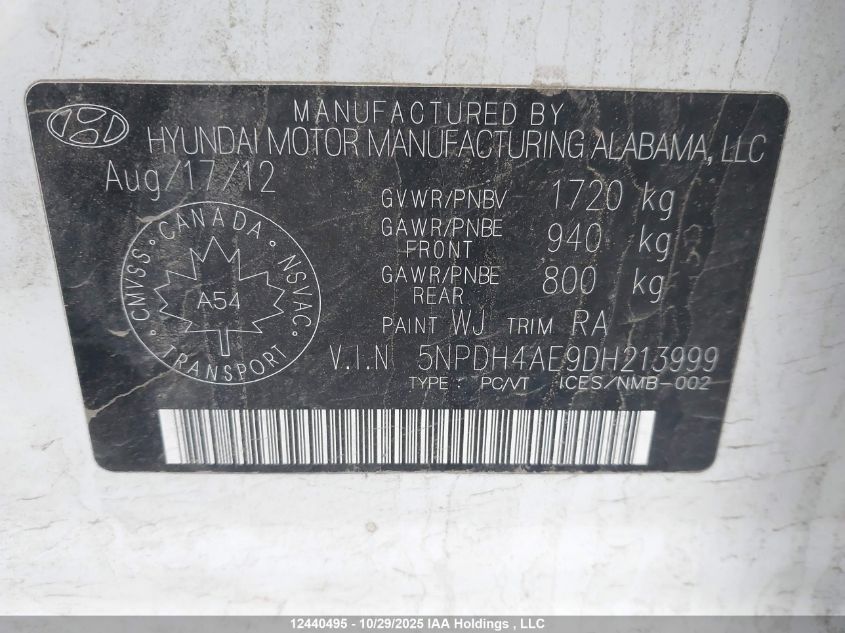 2013 Hyundai Elantra Gls/Limited VIN: 5NPDH4AE9DH213999 Lot: 12440495