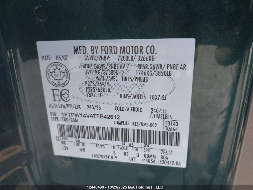 2007 Ford F150 Supercrew VIN: 1FTPW14V47FB42612 Lot: 12440499