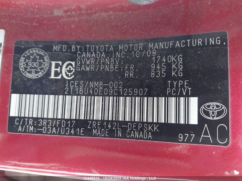 2009 Toyota Corolla S VIN: 2T1BU40E09C125907 Lot: 12440510