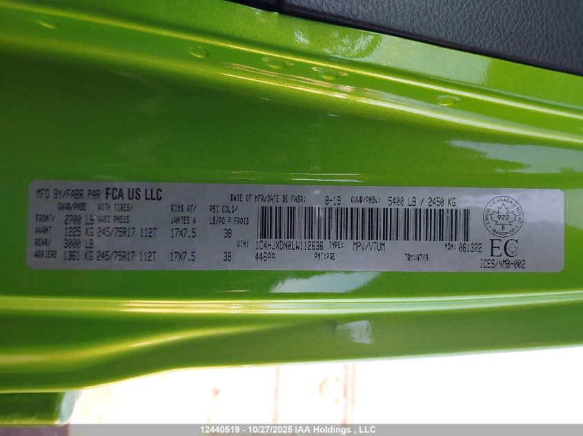 2020 Jeep Wrangler Unlimited Sport VIN: 1C4HJXDN0LW112636 Lot: 12440519