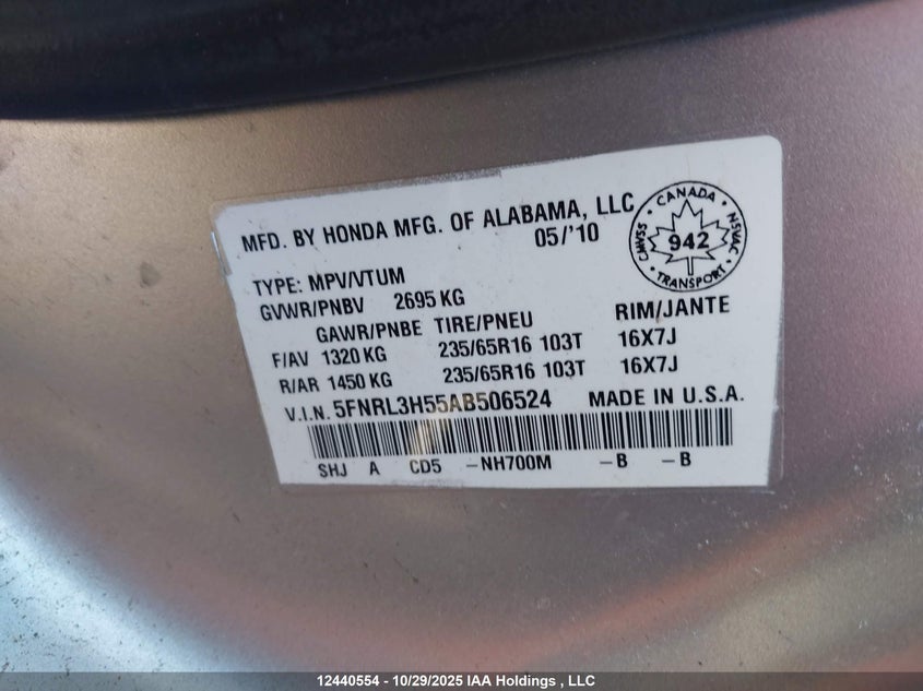 5FNRL3H55AB506524 2010 HONDA ODYSSEY photo no. 9